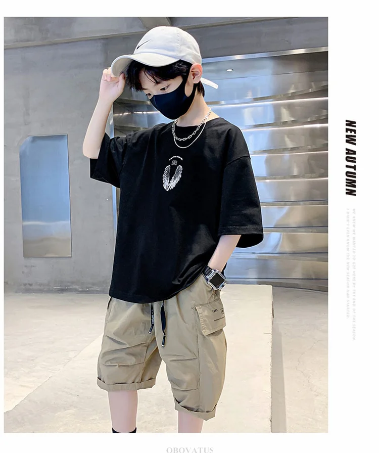 Neues Modisches Tween-Jungen-Sommer-T-Shirt mit Flügeln auf dem Rücken Kinder Teenager Kurzarm-T-Shirt Outfit Kinder Casual Streetwear Top – Detail 9