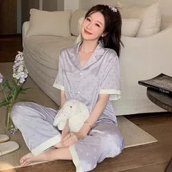 Spring New Sweet Girl Home Ice Silk Pajamas Korean Light Purple Hearts Printing Home Clothes Summer Thin Cool Satin Silk Pajamas