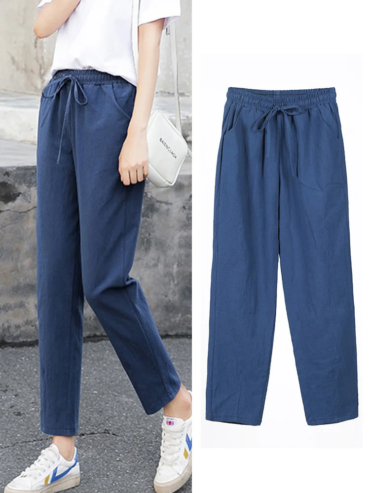 

Womens Spring Summer Pants Cotton Linen Solid Elastic waist Harem Trousers Soft thin Female ladys trousers S-XXL