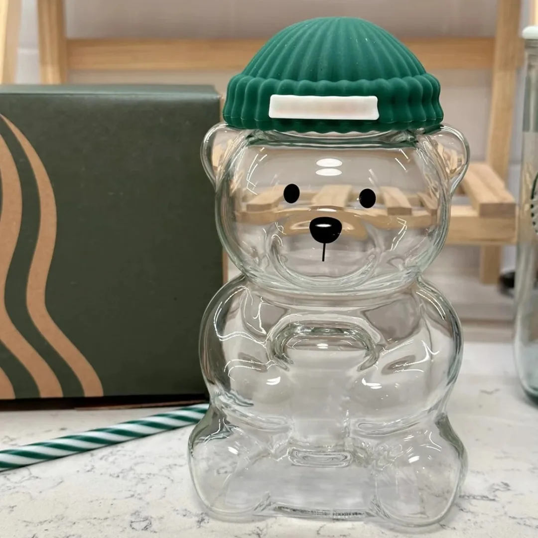 Botella de agua de cristal de oso transparente con pajita y tapa verde Taza con forma de animal lindo