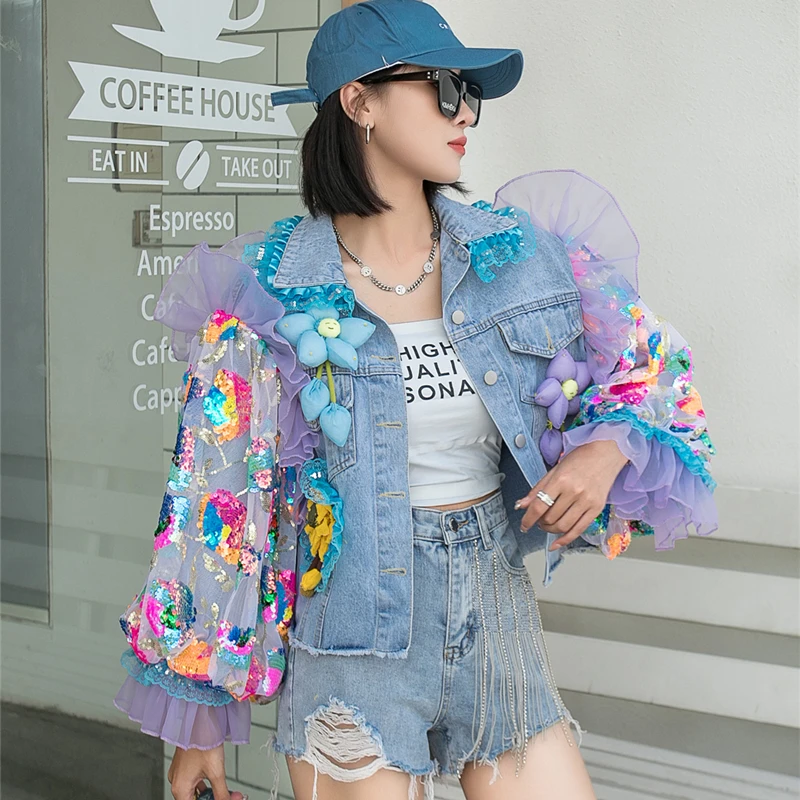 Jaket Denim wanita lengan panjang, jaket Denim lengan panjang, mantel jalanan longgar, mantel Denim pendek desain kepribadian, jaket jala, bunga musim semi 2024