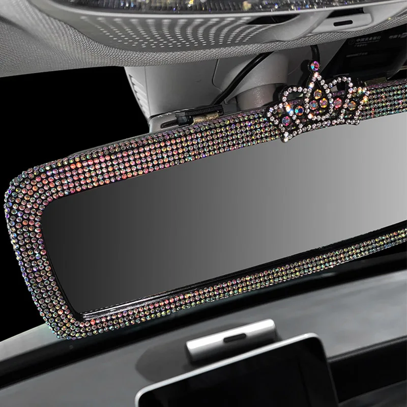 Crown Bling Crystal Frame Rearview Mirror Auto Decoration Woman High Definition Rear View Mirror Girly Car Accessories Interior