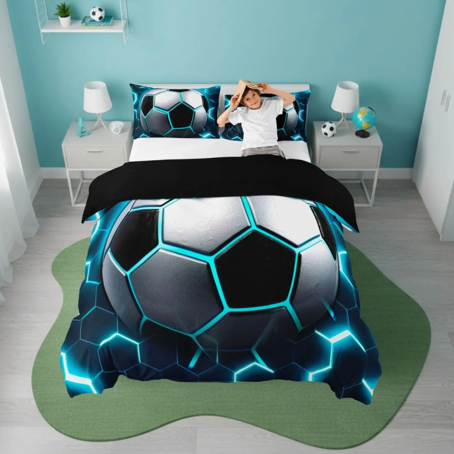 Boys Football Duvet Cover Set Cot Size Blue Honeycomb Kids Bedding With 1 Pillowcase Vibrant Soccer Reversible