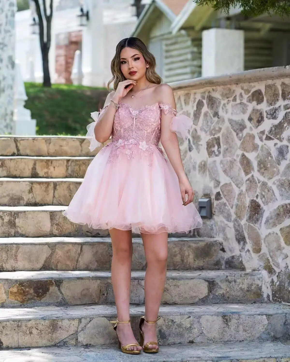 Vestidos cortos de fiesta con hombros descubiertos para adolescentes Vestido de fiesta de tul brillante para quinceañera Vestido de fiesta de mariposa 3D