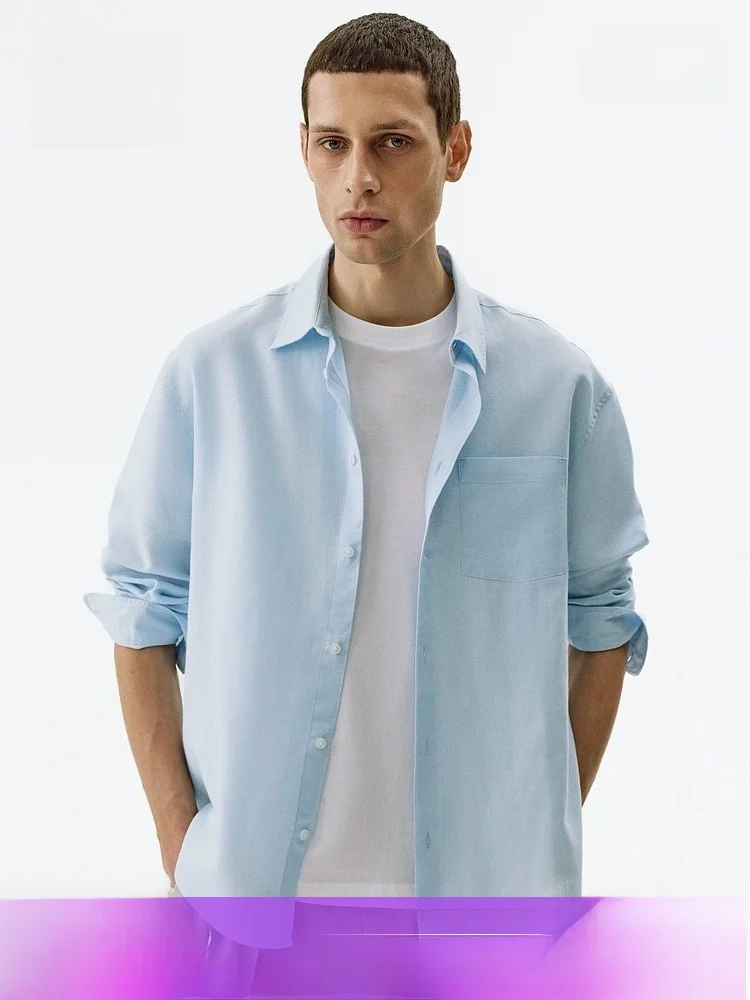 

Мужская рубашка H&M из льняной смеси в повседневном стиле, стандартный крой, с длинным рукавом, на пуговицах, весна 2026, новая летняя коллекция