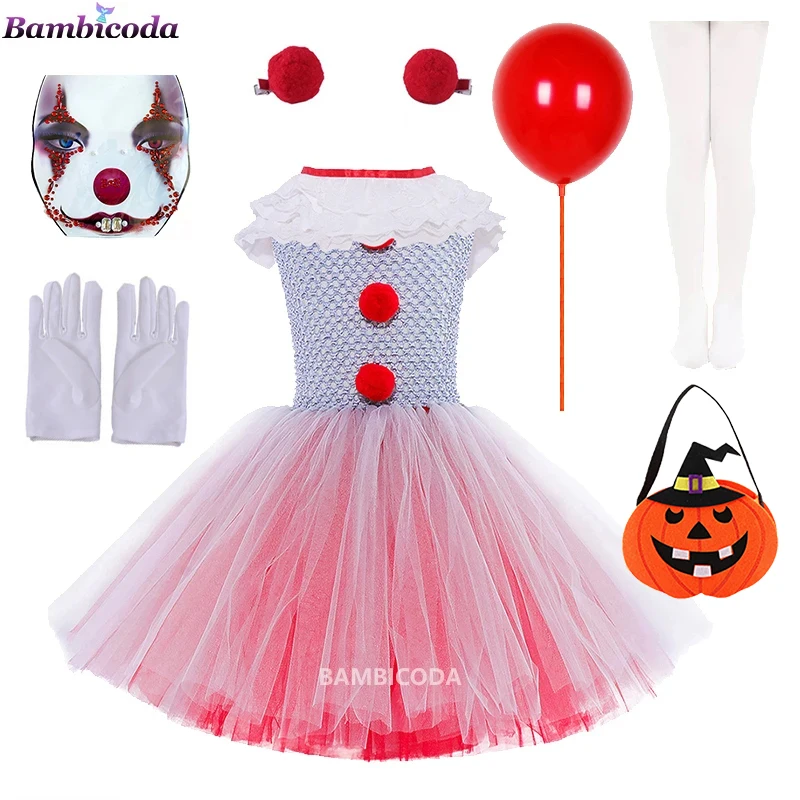 

Children Clown Joker Cosplay Costume Girls Circus Clown Tutu Dress with Headband Kids Birthday Carnival Halloween Party Dresses