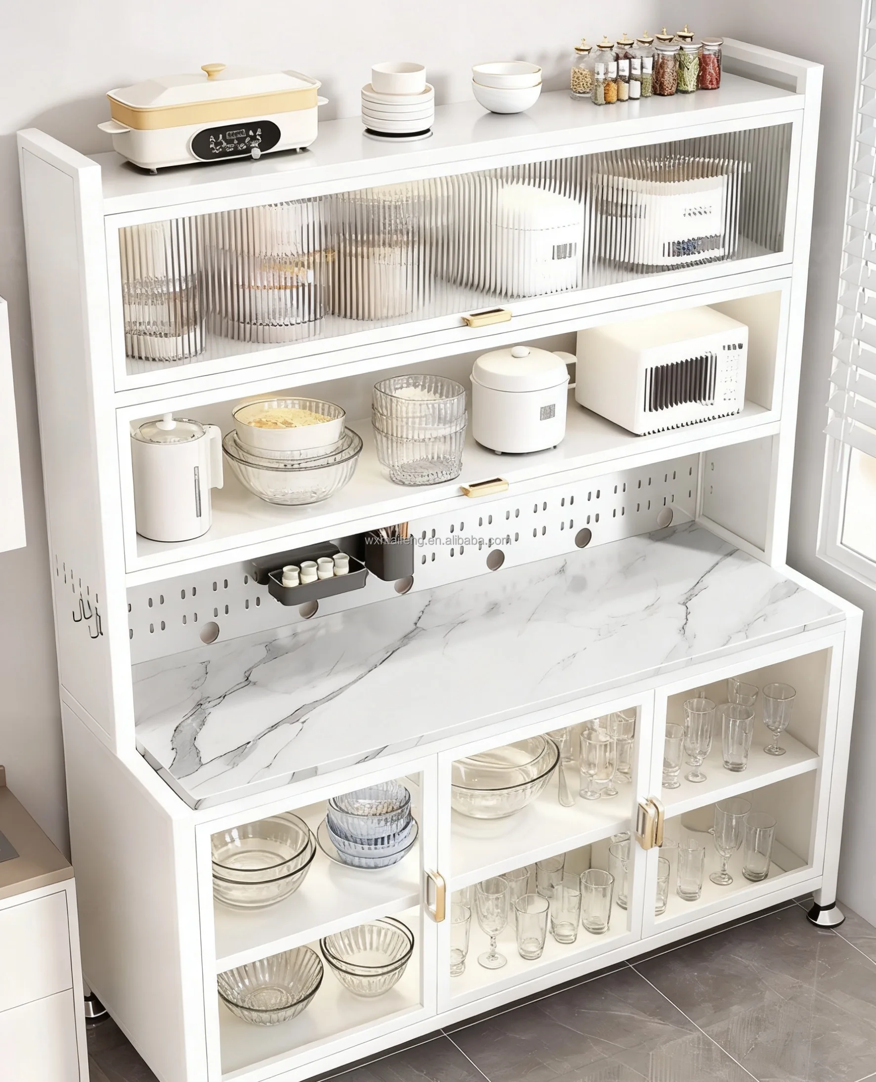 Multifunctional floor standing multi-level oven pot microwave kitchen storage rack