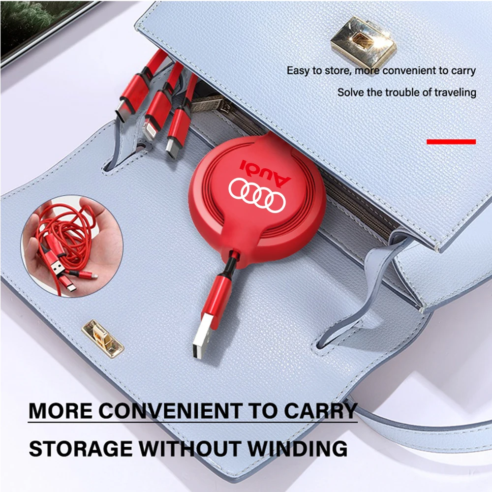Car Emblem Styling 3 In 1 Fast Charging Cord Data Cable Center Cover For Audi SLINE A4 A3 8P S3 C6 S TT RS Sline RS7 S8 Quattro