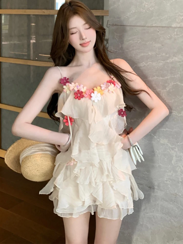 Summer Mesh Ruffled Patchwork Floral Sling Dress Women Elegant Casual Holiday Dress 2026 Korean Fashion Luxury Festival Dresses