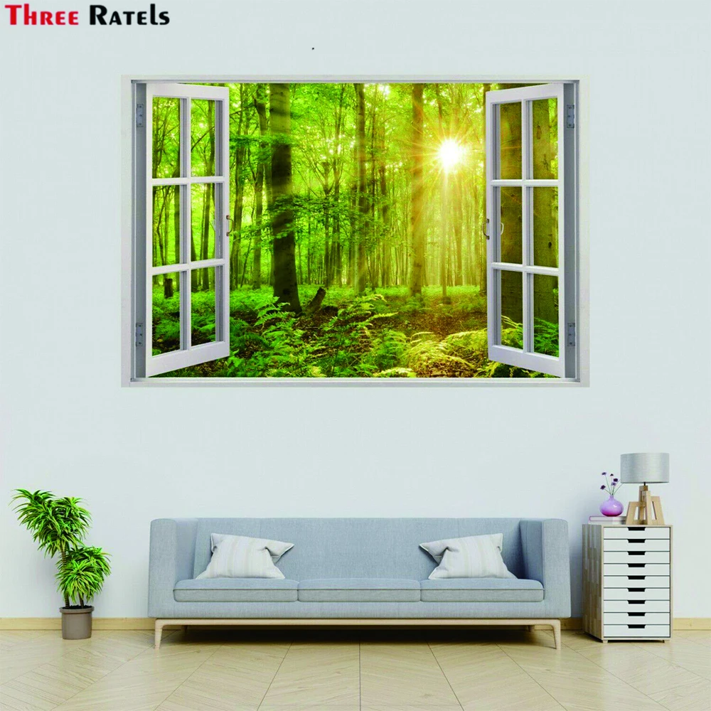 Three Ratels WF92 Sun Shining Through The Jungle Wall Stickers Imitate Windows Decals for Living Room Bedroom Decoration