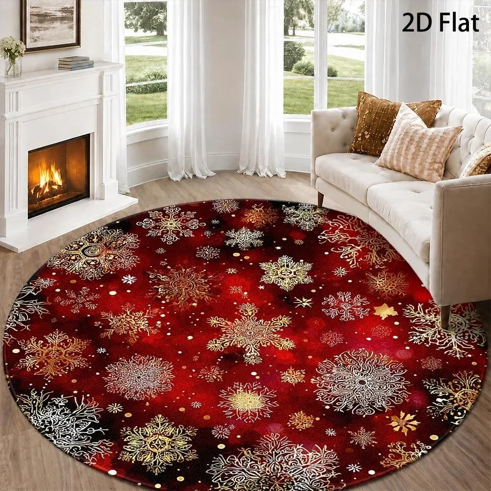 Festive Holiday Snowflake Round Rug, Rich Red Base Ornamental Silver Snow Printed Circular Floor Mat for Living Room Bedroom
