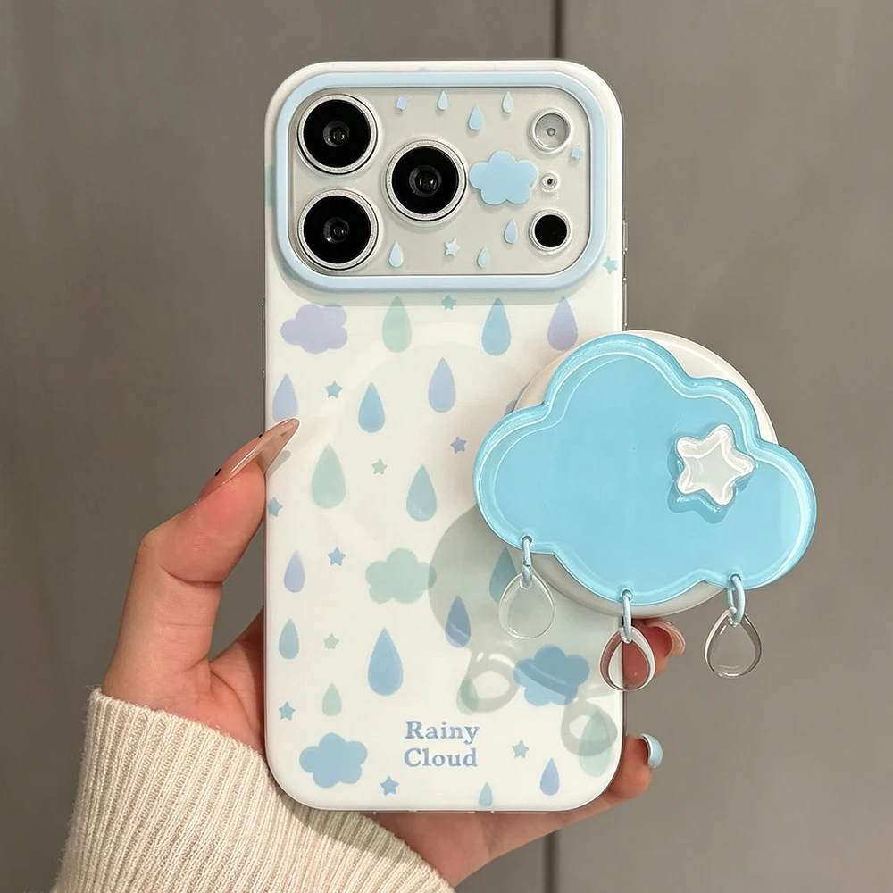 3D Niedliche Wolken-Regentropfen Magnetische Grip Tok Handyhülle für iPhone 17Promax 17pro 15 16 Pro Max, Kabellose Ladehülle für Magsafe