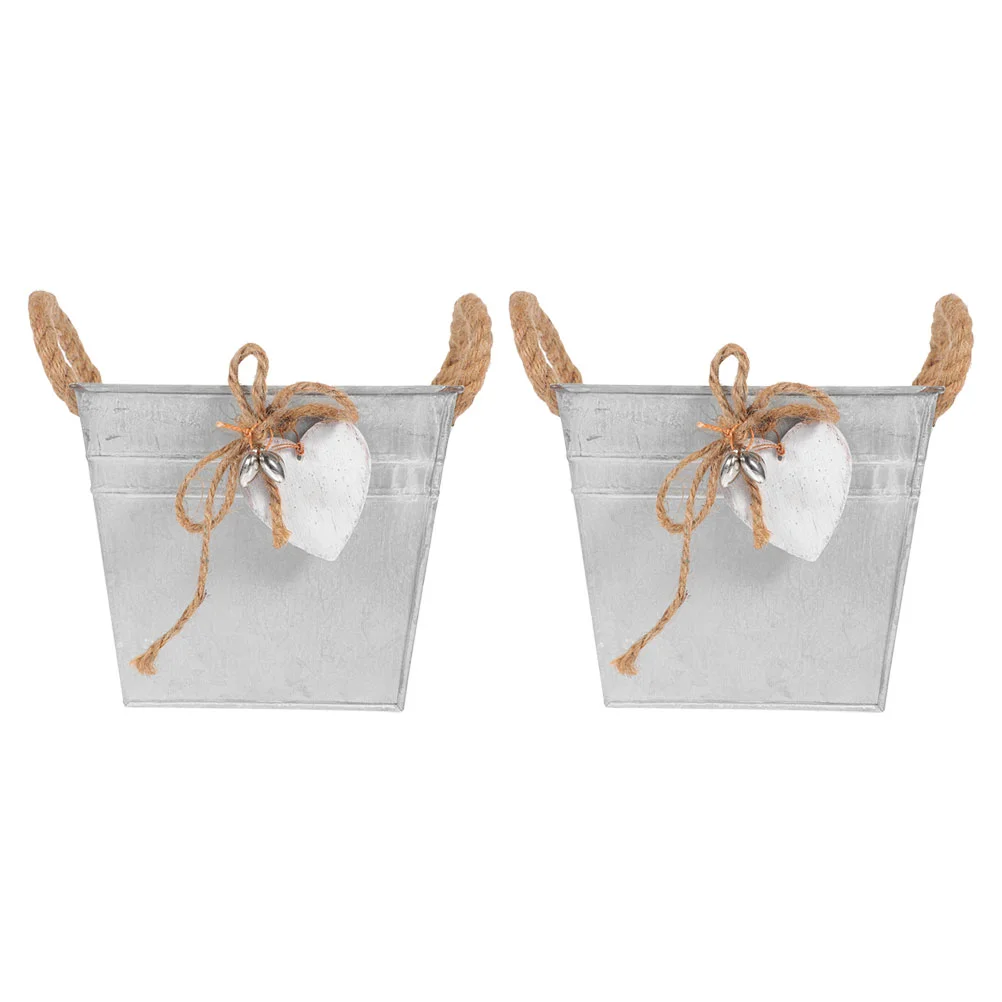 2pcs Retro Iron Flower Pot Bucket Rope Design for Plant Decor Desktop Storage Vintage Floral Container Elegant Style