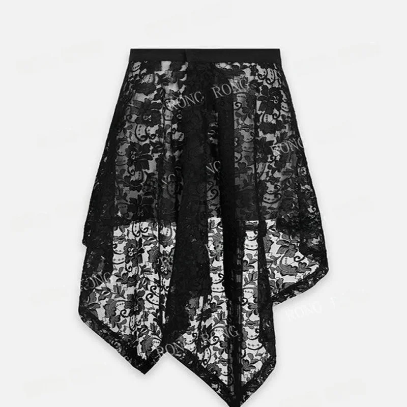 ファッショナブルなレトロレースのオルトスカート、アシンメトリーデザイン、スリムなハイウエストAライン、夏の新作、ポリエステル混紡素材