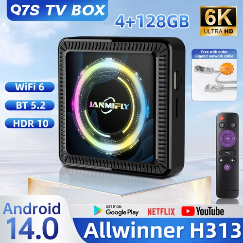 Caliente nuevo Q7S Smart TV Box 4G + 128GB ROM Android14 Allwinner H313 WiFi 6 Bluetooth 5,2 Streaming reproductor multimedia Set Top Box
