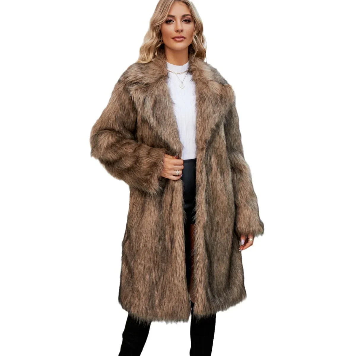 Faux Fur Coat Women Suit Collar Long Sleeve Fashion Long Faux Fur Coat for Women