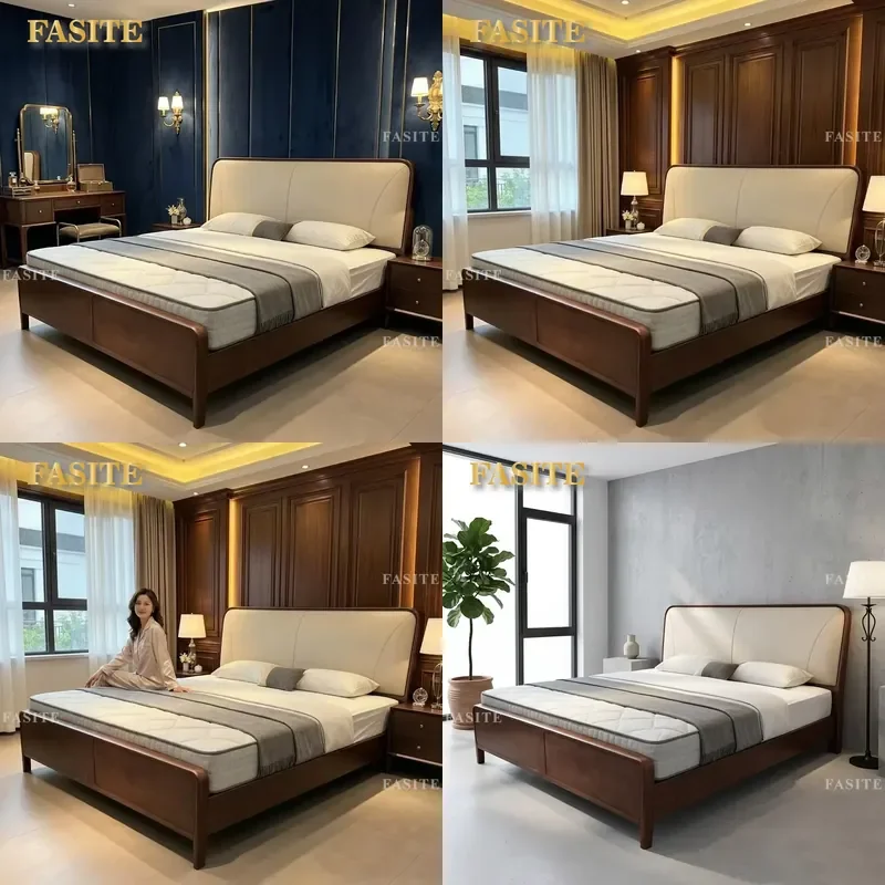 For King Size Double Bed Solid Wood Frame Leather Upholstered Headboard Modern Deluxe Master Bedroom Furniture Durable