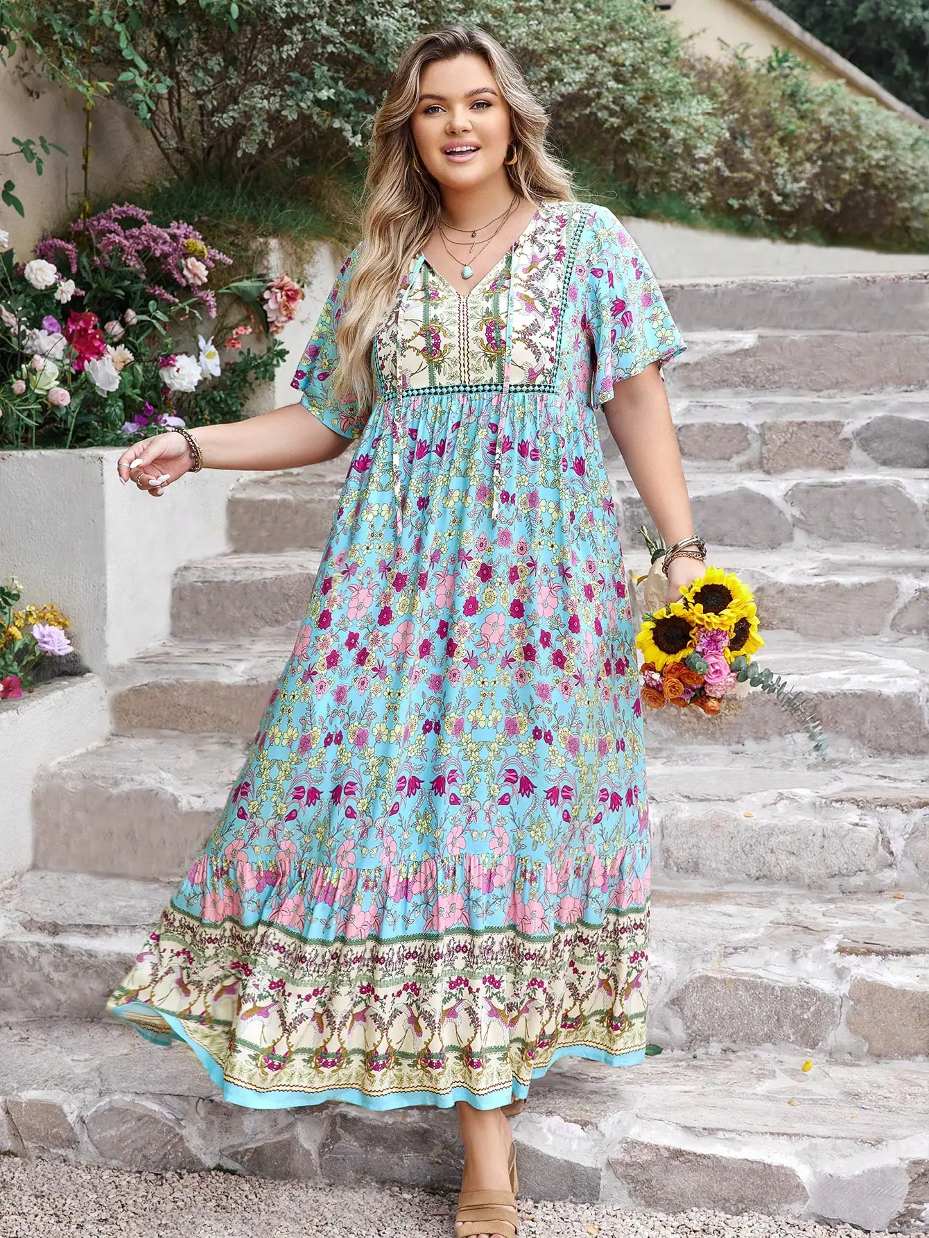 

Plus Size Boho Floral V-Neck Maxi Dress For Summer Beach Vacation Party Festival Wedding Elegant Loose Fit
