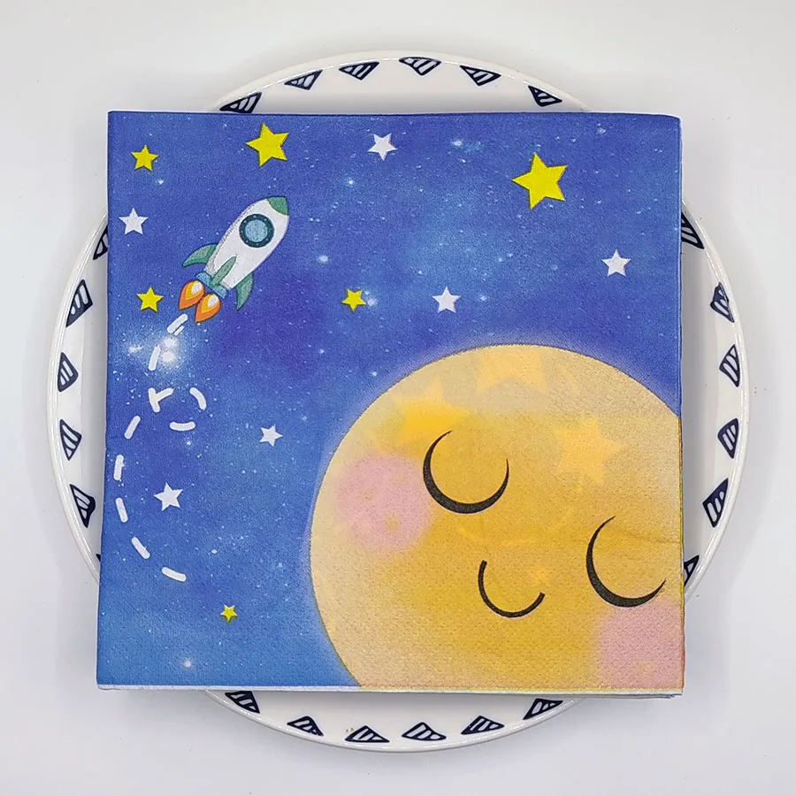 Servilletas de papel azul cósmico de doble cara con planetas sonrientes y llamas de cohete, 10/20 piezas | Decoración de mesa desechable para Galaxy Party