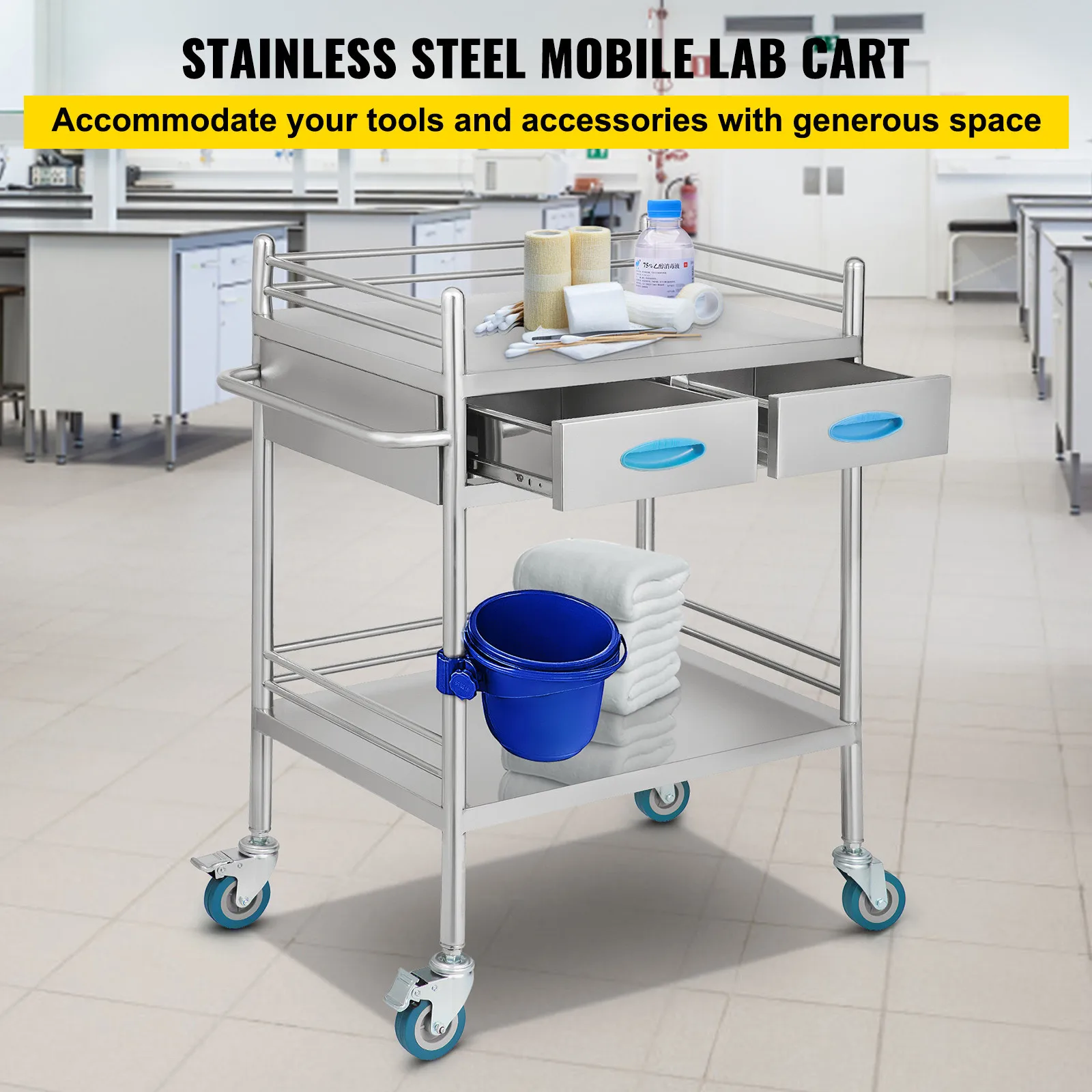 Medical Dental Lab Serving Cart Trolley 2-Drawer Portable Stainless Steel - Detail 1