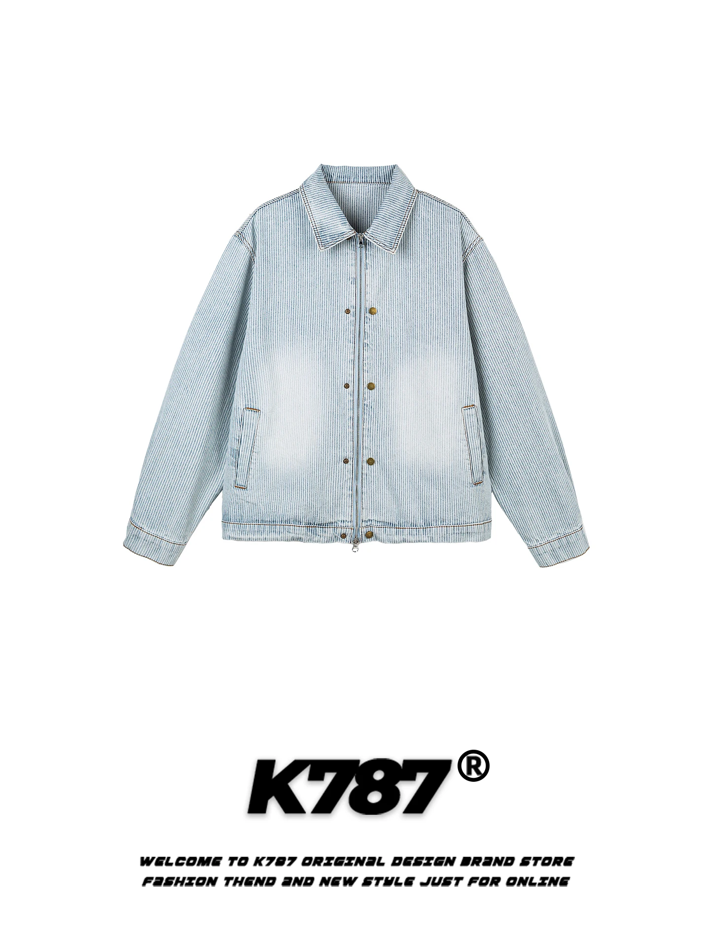 

K787 American Retro Striped Collar Denim Jaet Loose Casual Streetwear Zipper Coat for Men And Women Spring Season