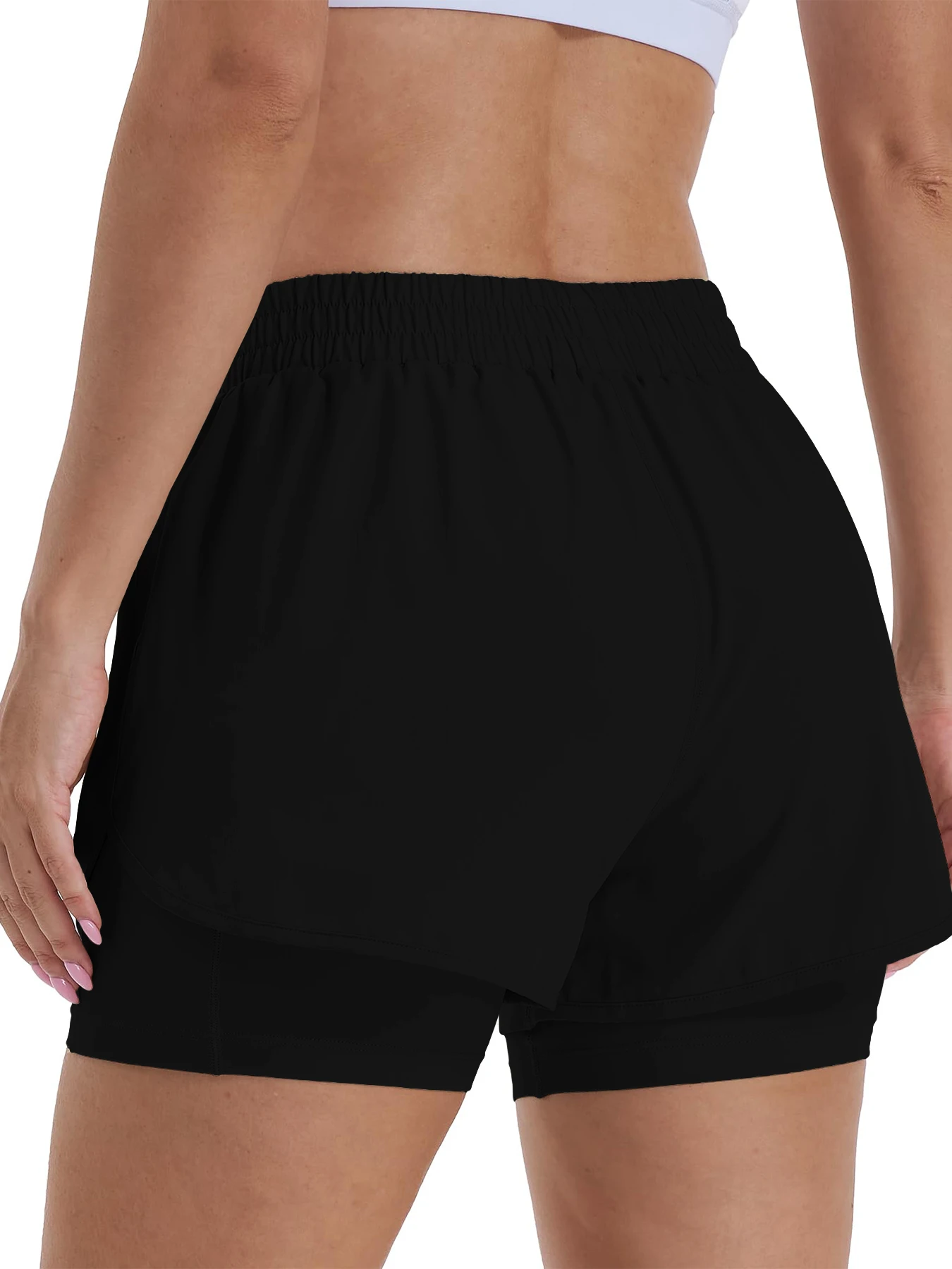 Shorts esportivos casuais 2 em 1 femininos, shorts de corrida, cintura alta, esportes, academia, com bolsos forrados com zíper