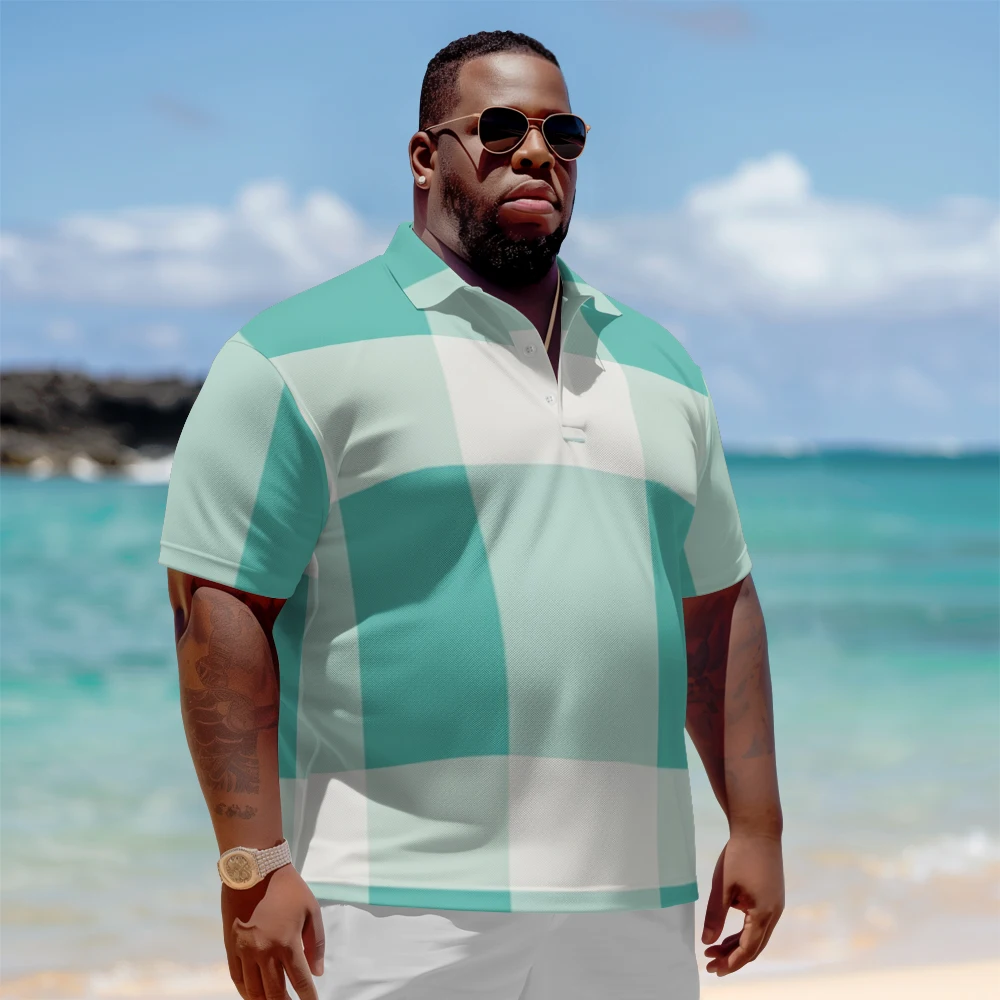 

1 men's plus size polo shirt with summer lake blue checkered print casual lapel button suitable for shopping and golf