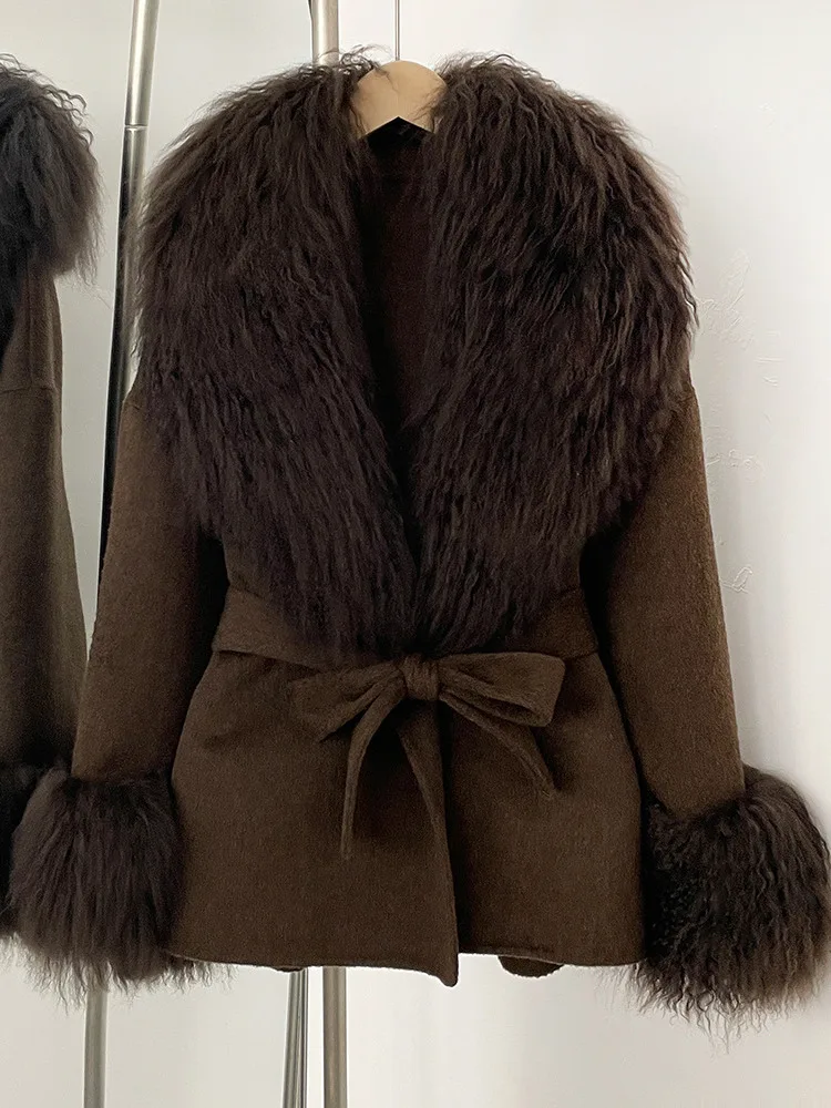 ZMEENNA Cappotto avvolgente in misto lana color crema elegante da donna con lussuoso collo e polsini in pelliccia sintetica bianca Chic caldo inverno ZM3407