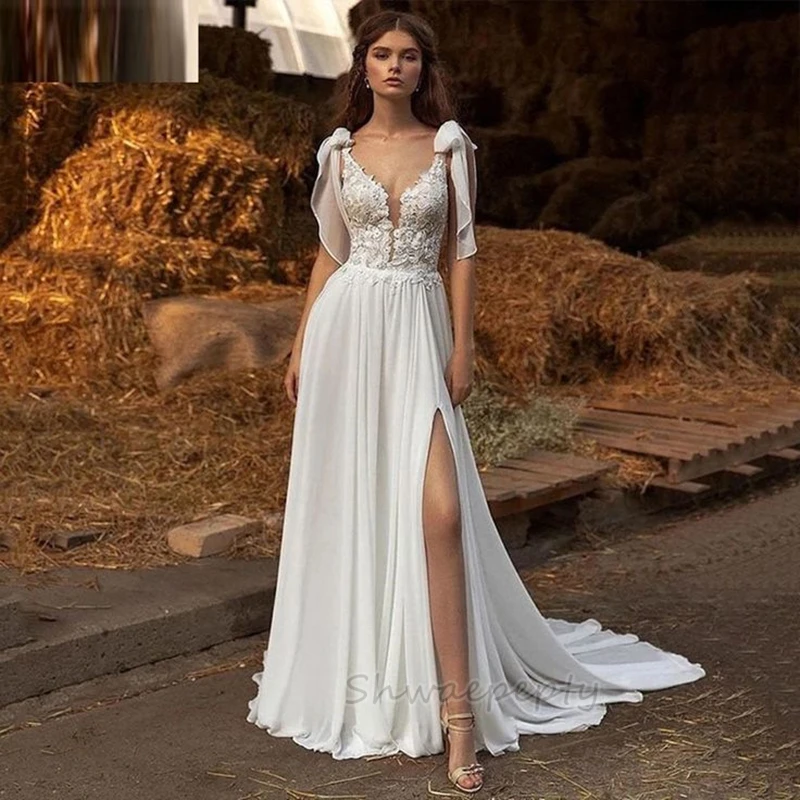 Boho Chiffon Wedding Dress Side Slit Slit Sexy Backless Summer Long Beach Bridal Gown Lace Applique Sleeveless Straps White Robe