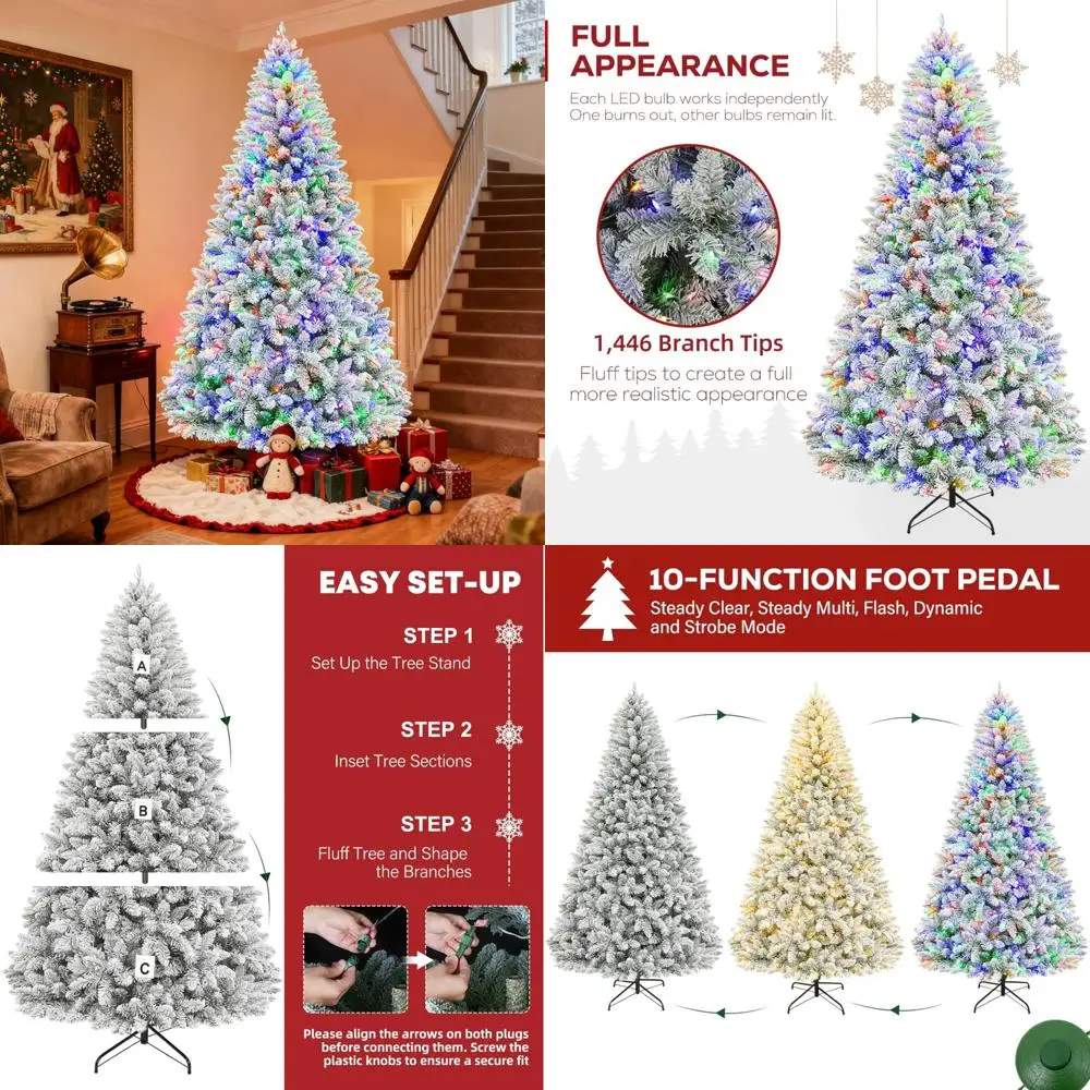 شجرة عيد الميلاد المغطاة بالثلوج بطول 7.5 قدم مع 1446 فروع مفصلية، 450 مصباح LED متغير اللون، بطول 10 أقدام، مضاءة مسبقًا للعطلات