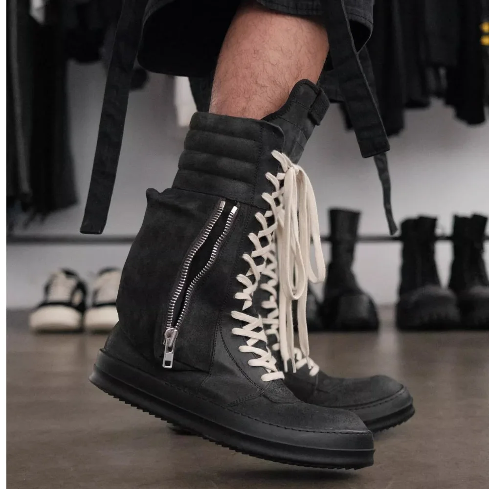 Men Women High Top Leather Motorcycle Boots Casual Platform Western Riding Boots Horsehair Luxury Sneakers Lace Up Side Zipper