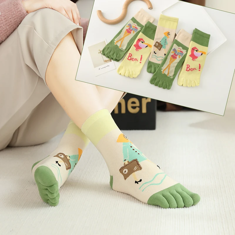 Five-finger Socks Ladies Spring And Autumn Fashion Cartoon Cute Split Toe Socks Women Green Short Socks Set