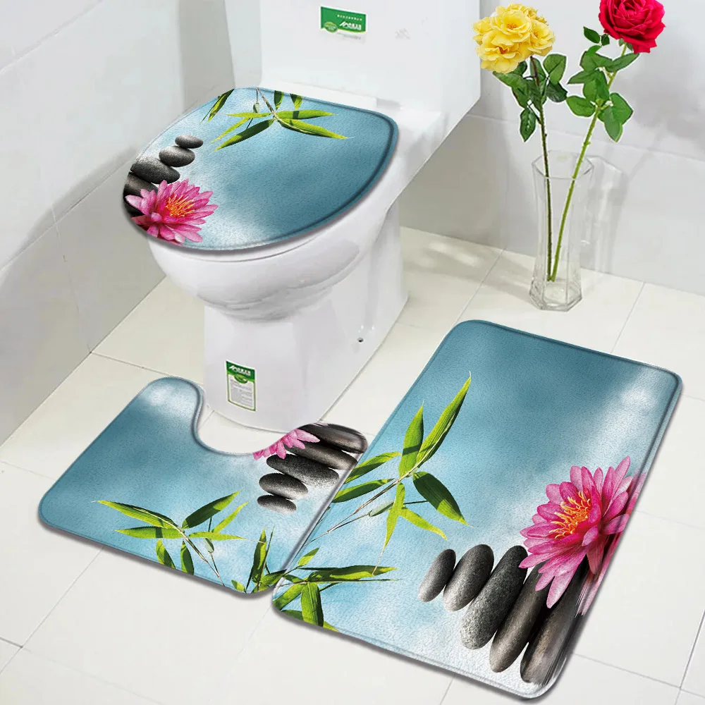 Zen Bath Mat Set Green Bamboo Orchid Lotus Flowers Plant Black Stone Spa Scenery Bathroom Decor Non-Slip Rugs Toilet Lid Cover