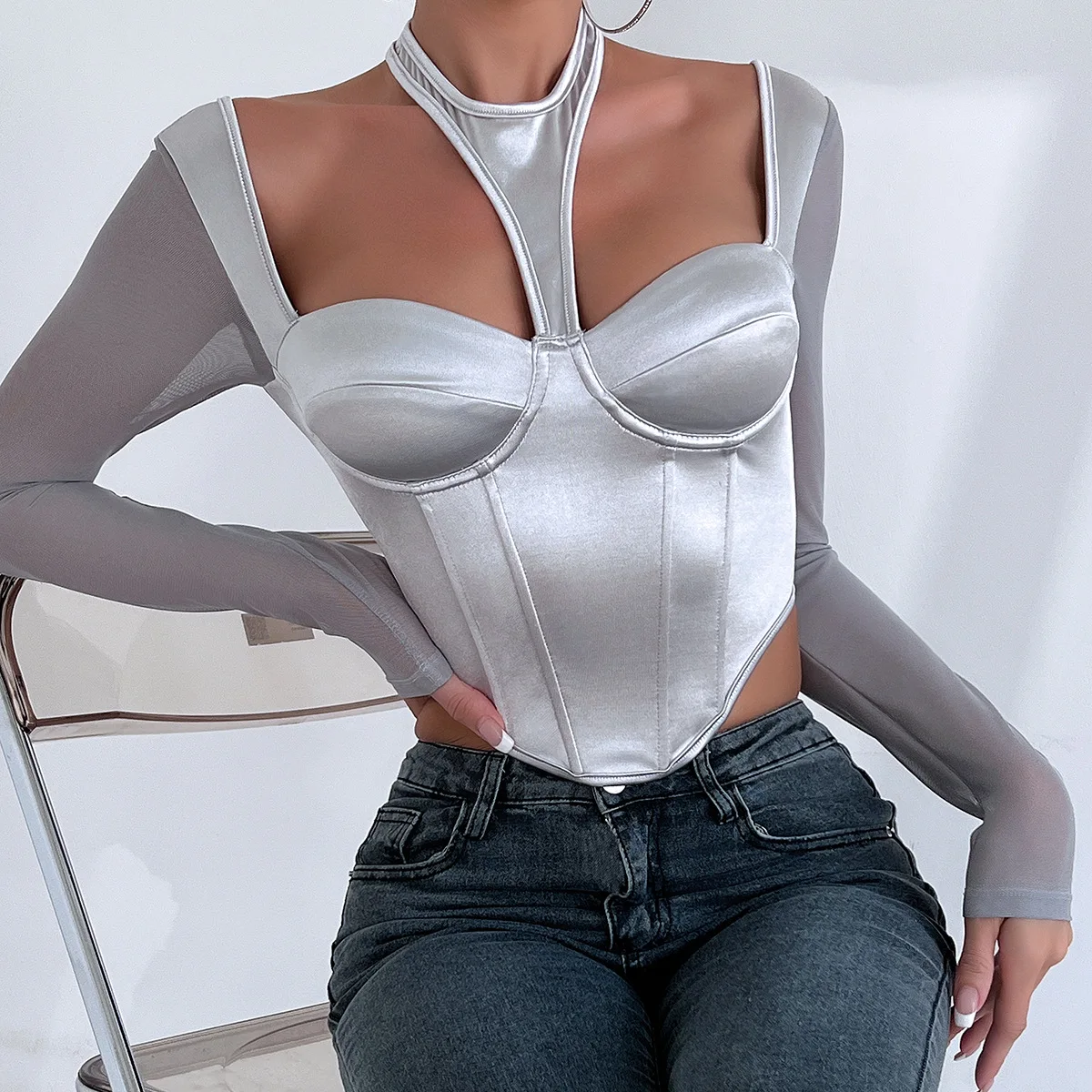 Sexy Hollow Out Tops Women's Slim Long Sleeve Mesh Gauze Hang Neck Blouses Summer Bustier Cropped Corset Tank Top Party Camisole