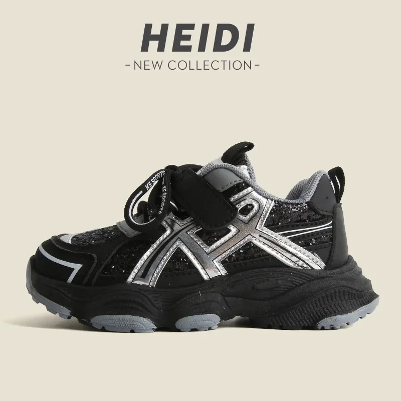 Enfants printemps automne avant à lacets papa chaussures garçons paillettes baskets basses filles semelle souple rayé Velcro neutre chaussures décontractées