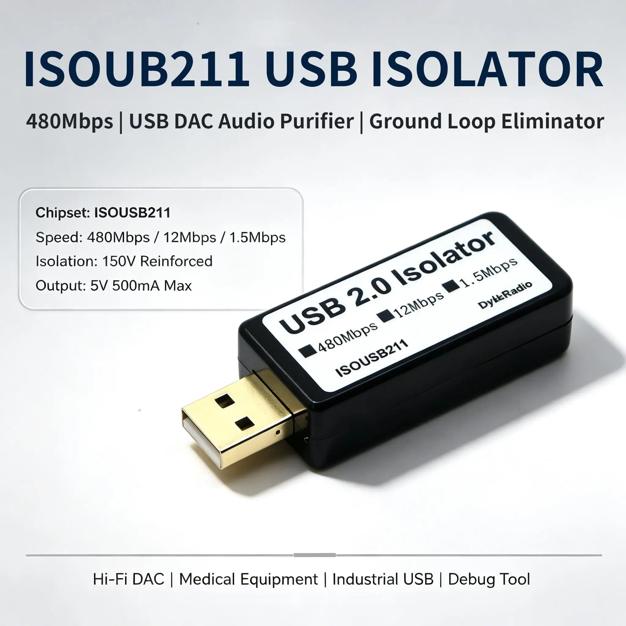 DYKB USB High-Speed Isolator 480Mbps ISOUSB211 USB 2.0 Isolation Hi-Fi Audio DAC Ground Loop Eliminator Stabilizer Noise Filter