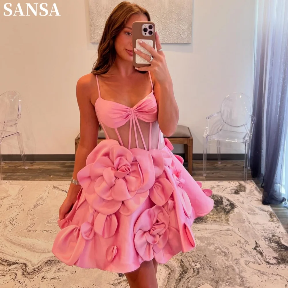 Sansa Elegant A-Line Satin Prom Dress Customized 3D Floral Mini Wedding Dress Strapless Spaghetti Strap Vestidos De Fiesta 2024