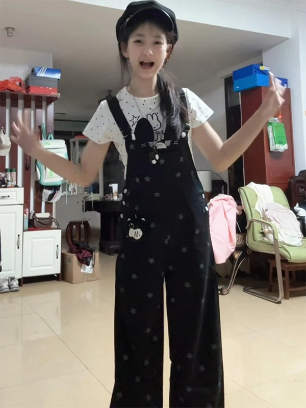 Sweet Japanese Style Star Print Overalls Women's Summer New Loose Casual Long Jeans High Waist Straight Leg Denim Pants