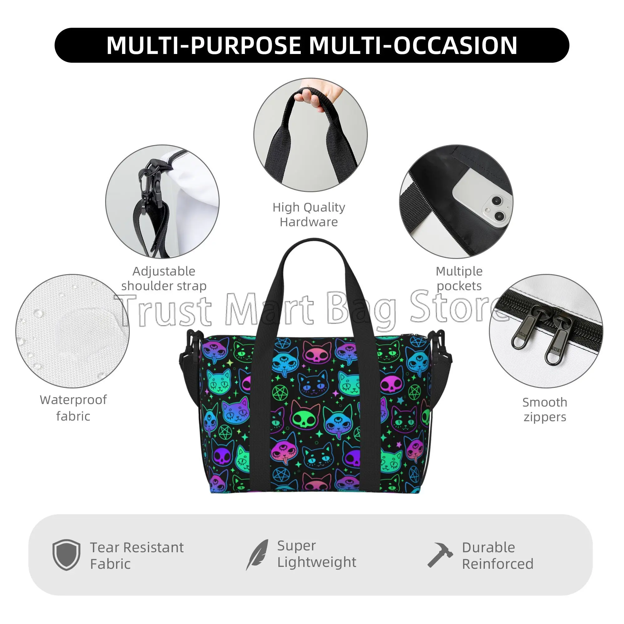 Bolsa de lona de viaje con dibujos animados de gato brujería brillante, personalizada, impermeable, bolsa de noche para deportes, gimnasio, Yoga, bolsas colgantes