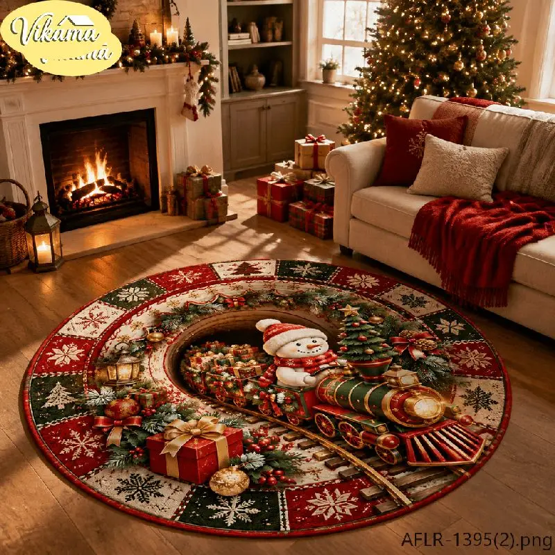 VIKAMA Christmas Round Rug 3D Snowman Driving Vintage Car Area Rug Living Room Holiday Home Decor Aesthetic Art Large Premium