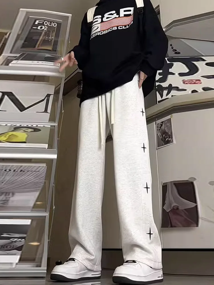 

Мужские повседневные брюки прямого кроя в стиле хип-хоп со звездами, тяжелые драпированные осенне-зимние длинные брюки Street Sle Versa...