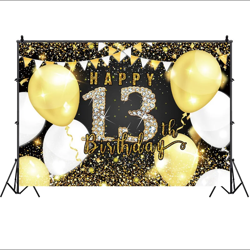 Black Gold 13th Birthday Backdrop 13 Years Official Teenager Jewish Boy Bar Mitzvah Photo Background Balloon Party Decorations