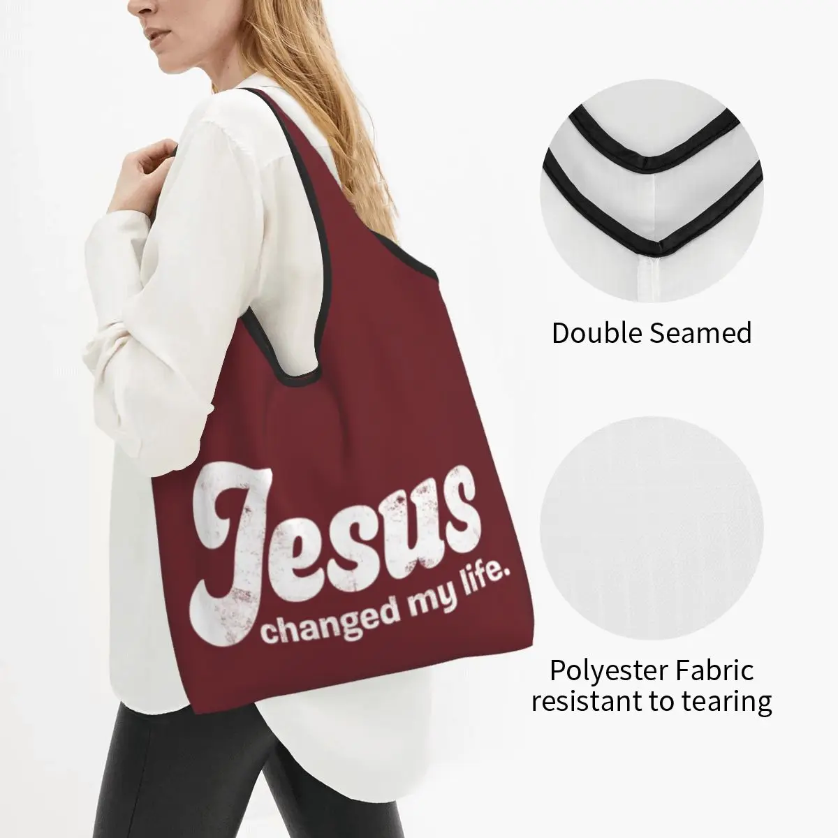 Custom Funny Printing Jesus Changed My Life Tote Shopping Bags Portable Shopper Shoulder Christ Handbag