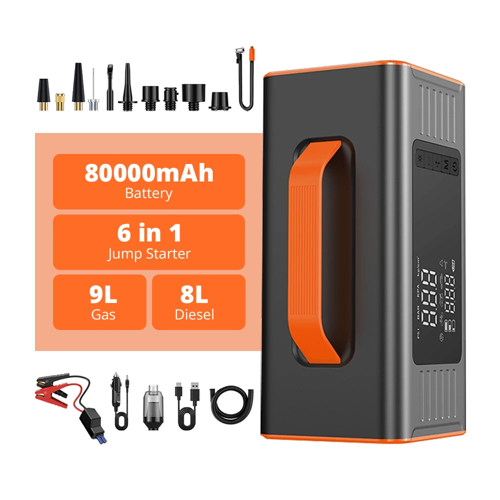 6 in 1 Car Jump Starter Battery Power Bank Portable Emergency Starter Booster 12V Auto Starting Device for Petrol Vehicle Start