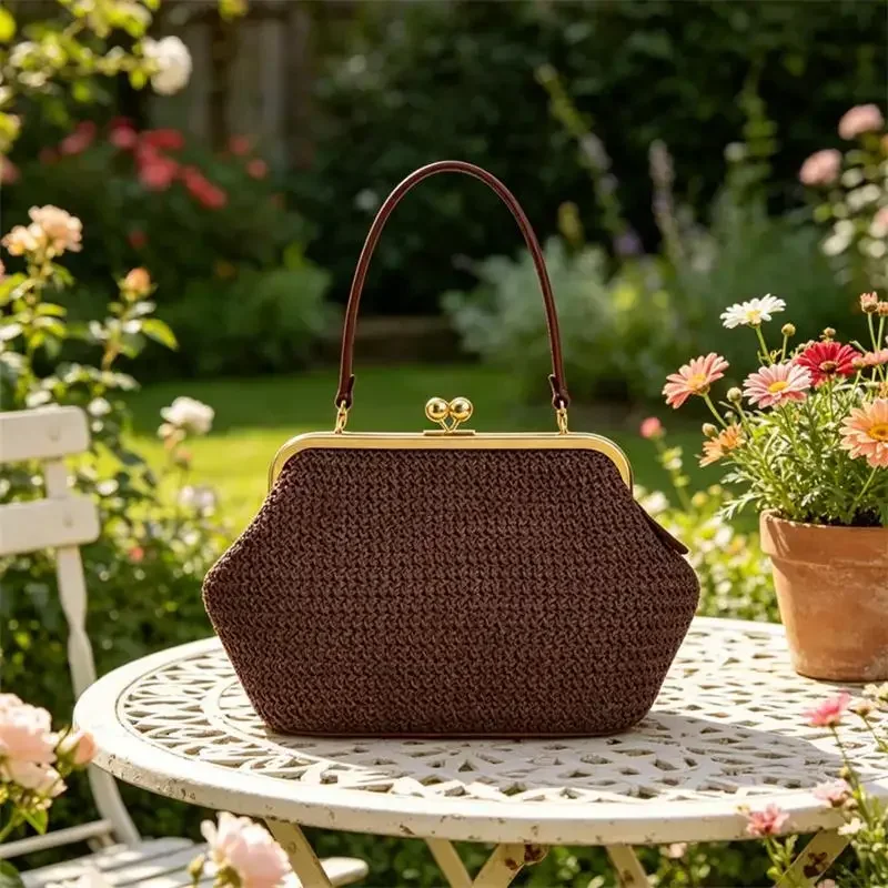 Luxuriöse Unregelmäßige Damen-Schultertasche, Sommer Strand Stroh Muschel-Handtasche Marken-Großraumtasche mit Clipverschluss Elegante Abendtasche – Detail 4