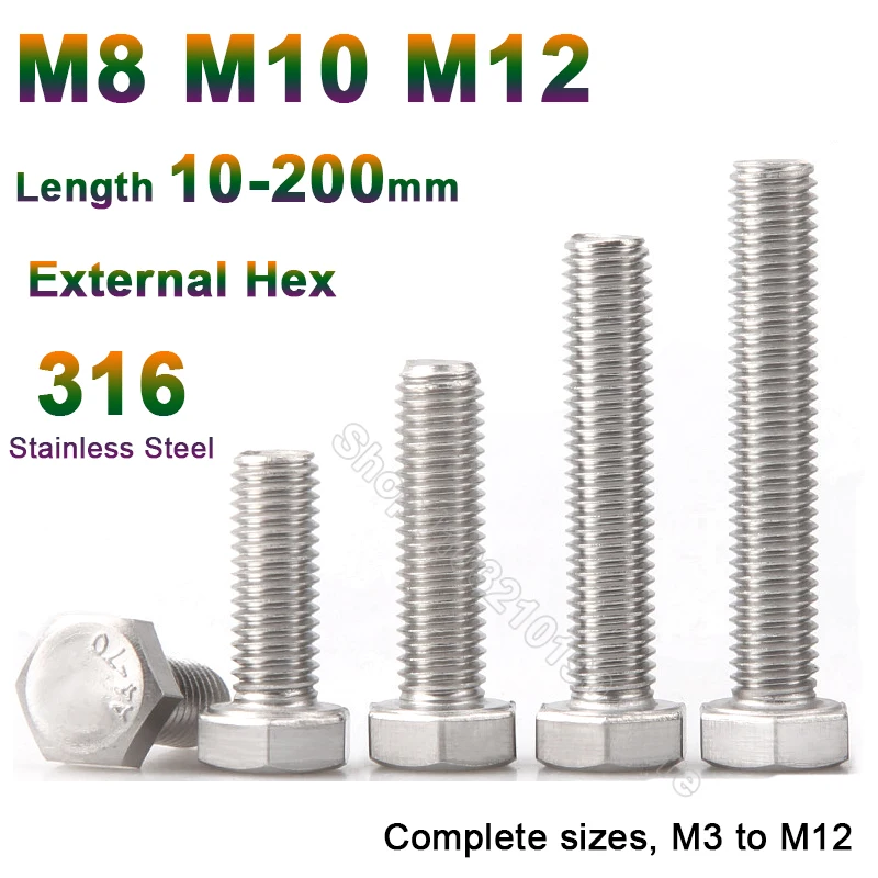 1-5Pcs DIN933 M8 M10 M12 Lengthen Hex Bolts 316 Stainless Steel Metric Full Thread Long External Hexagon Head Screws L=10-200mm