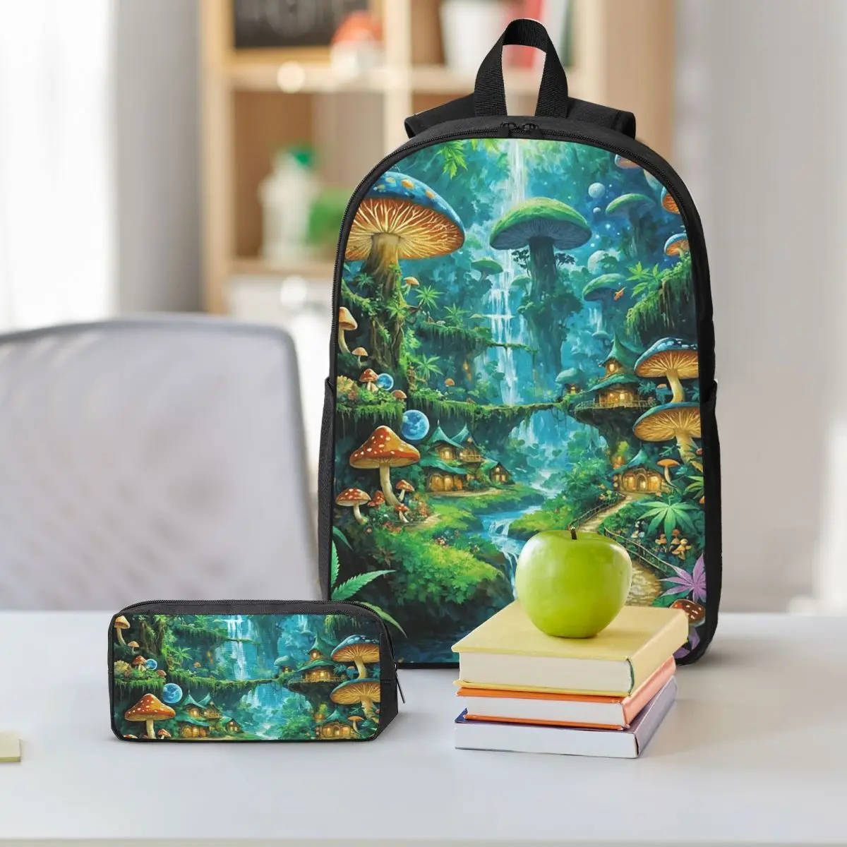Mushrooms Forest Art Backpack Boys Girls BookBag School Bag Shoulder Bags 3ps Insulated Lunch Bag Pencil Case