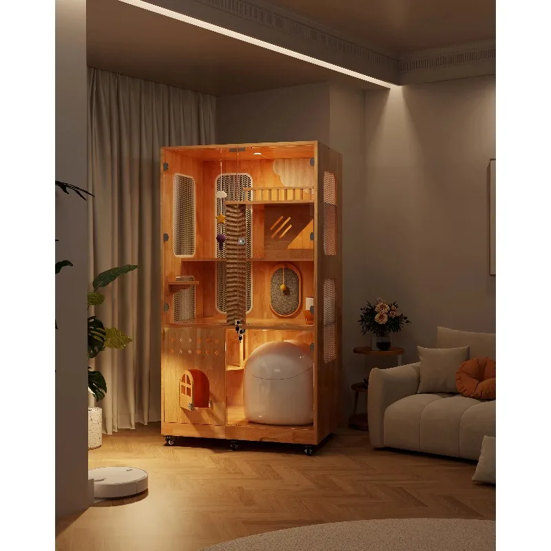 

Universal Wheel Pet Cage with Rubber Wood Board Tempered Glass Movable Display Cabinet for Household Villa Breeding Room