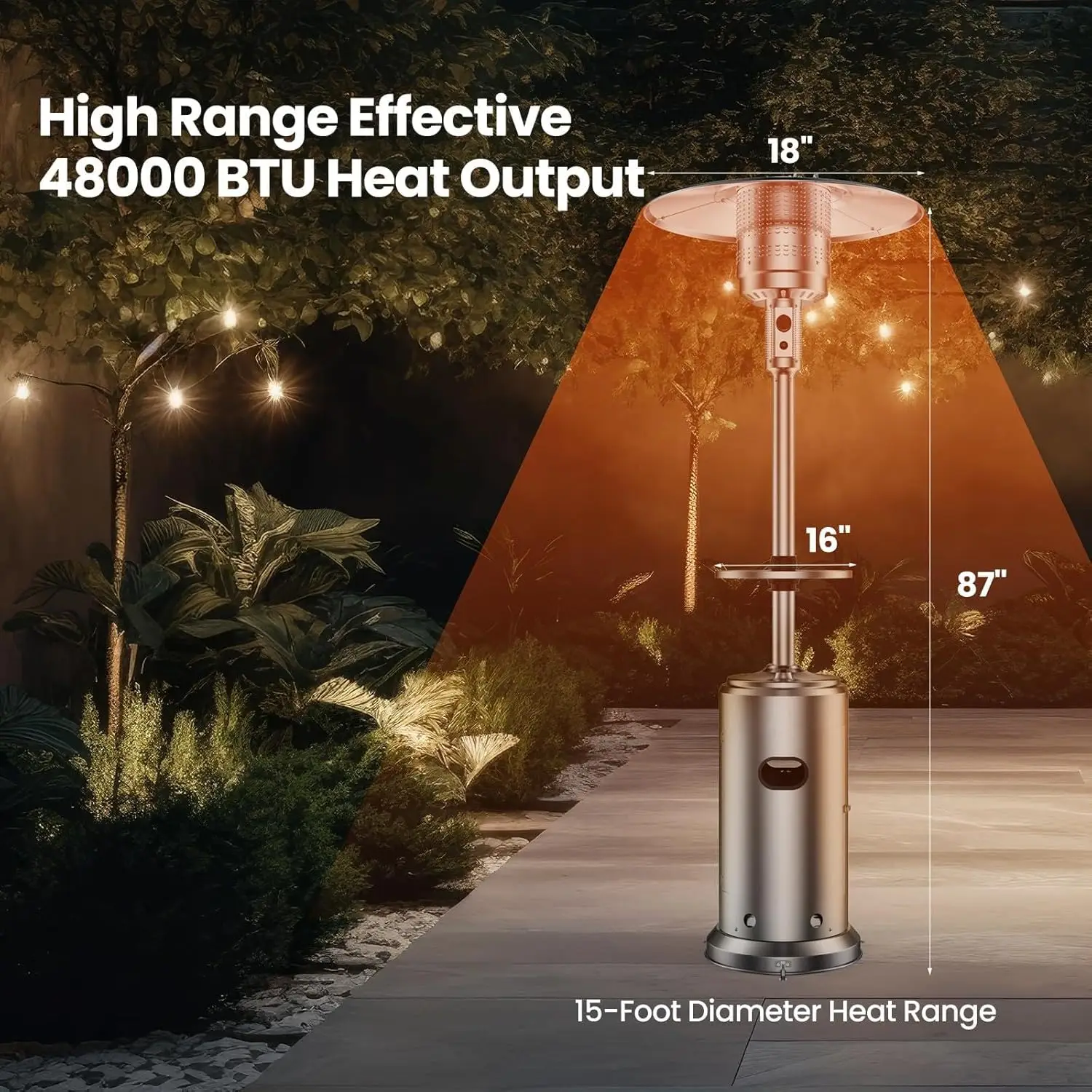 Patio Heater 48,000 BTU, Freestanding Portable Outdoor Heater with Wheels, Propane Heaters with Trip-over Protection for Outdoor