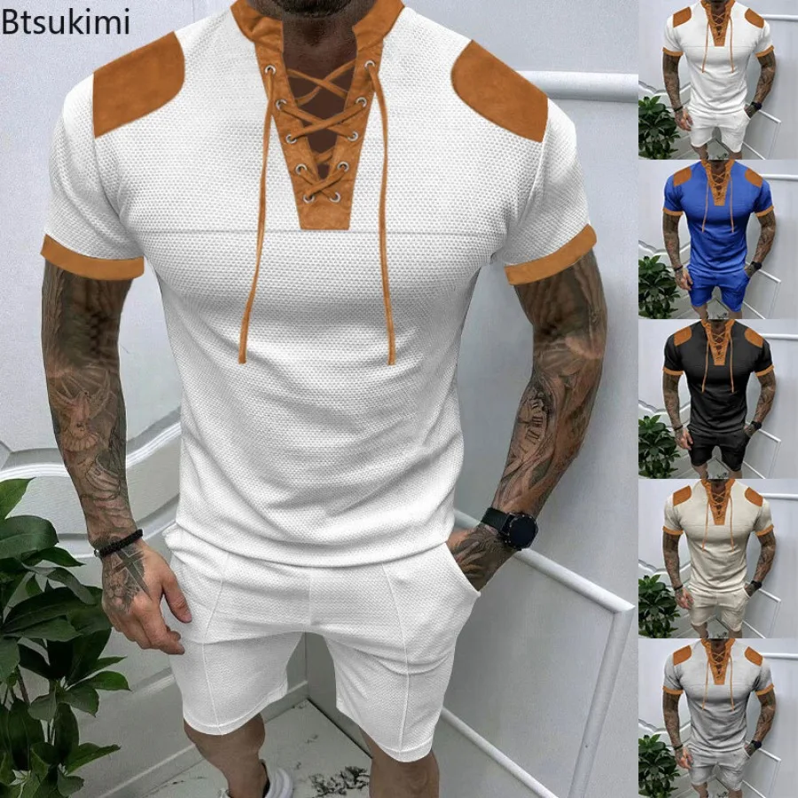 

Summer New Men's Casual Suit Fashion Patchwork Retro Lace-up V-neck Henley Shirt and Shorts Sets Male Trend Colorblock Sportwear